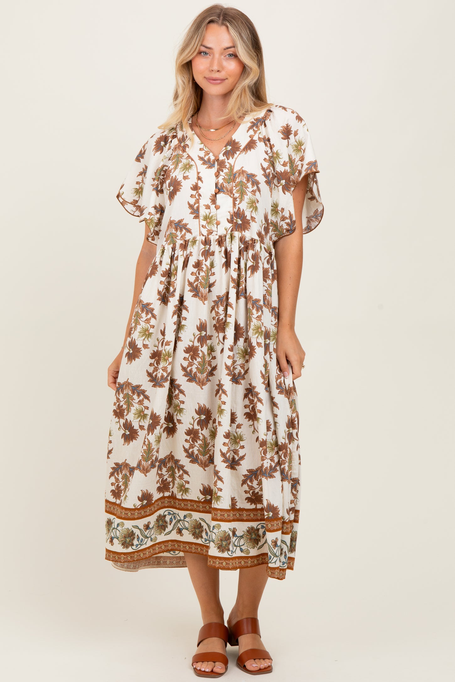 Mocha Floral V-Neck Button Detail Maternity Mid Dress