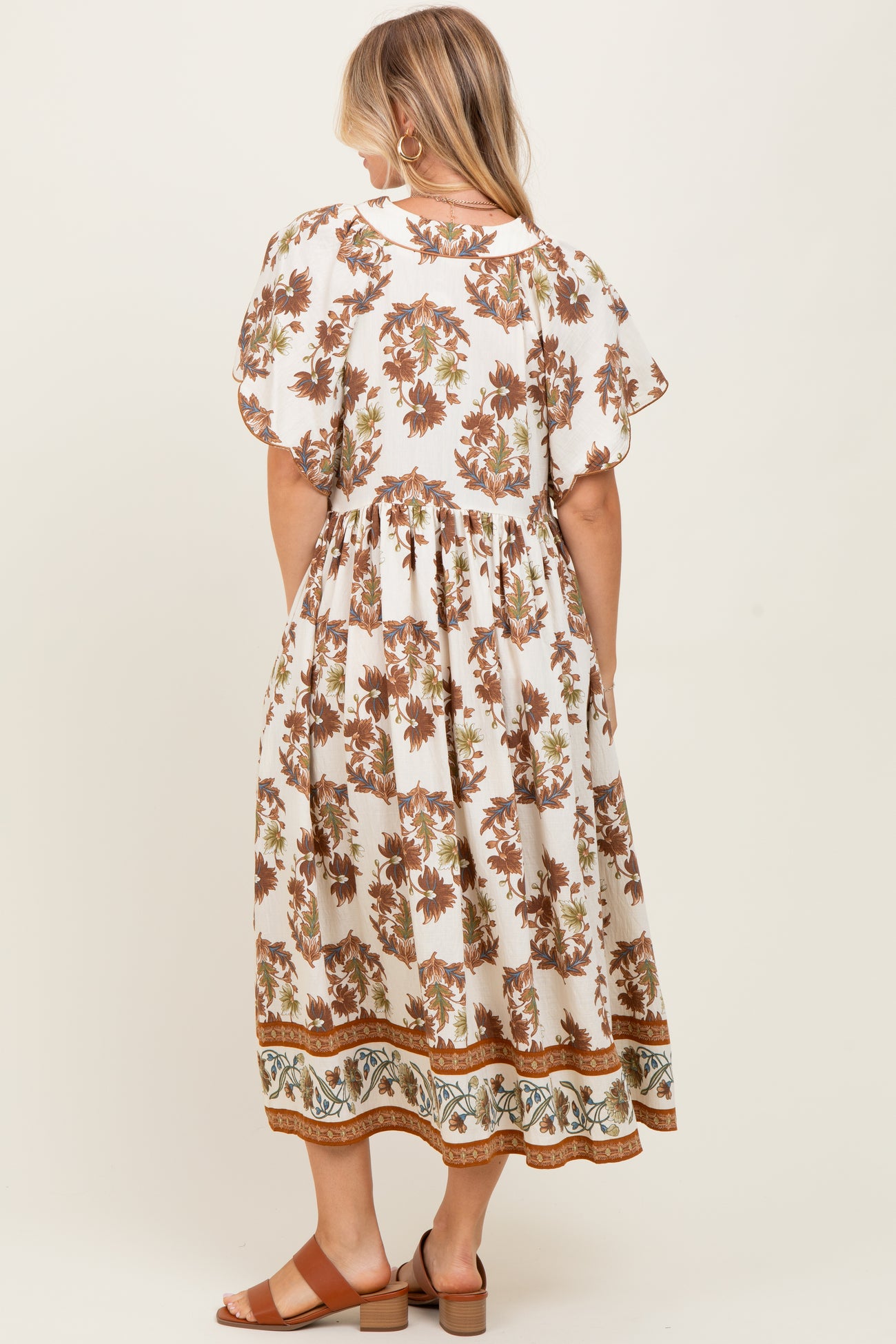 Mocha Floral V-Neck Button Detail Mid Dress