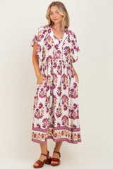 Plum Floral V-Neck Button Detail Mid Dress