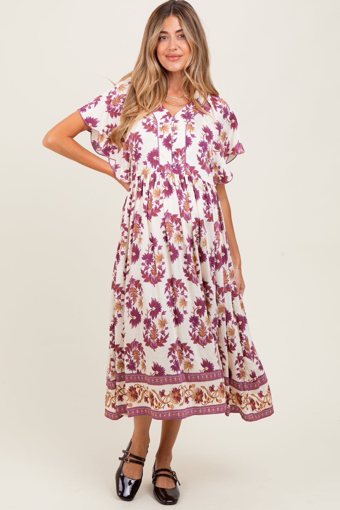 Plum Floral V-Neck Button Detail Maternity Mid Dress