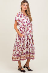 Plum Floral V-Neck Button Detail Maternity Mid Dress