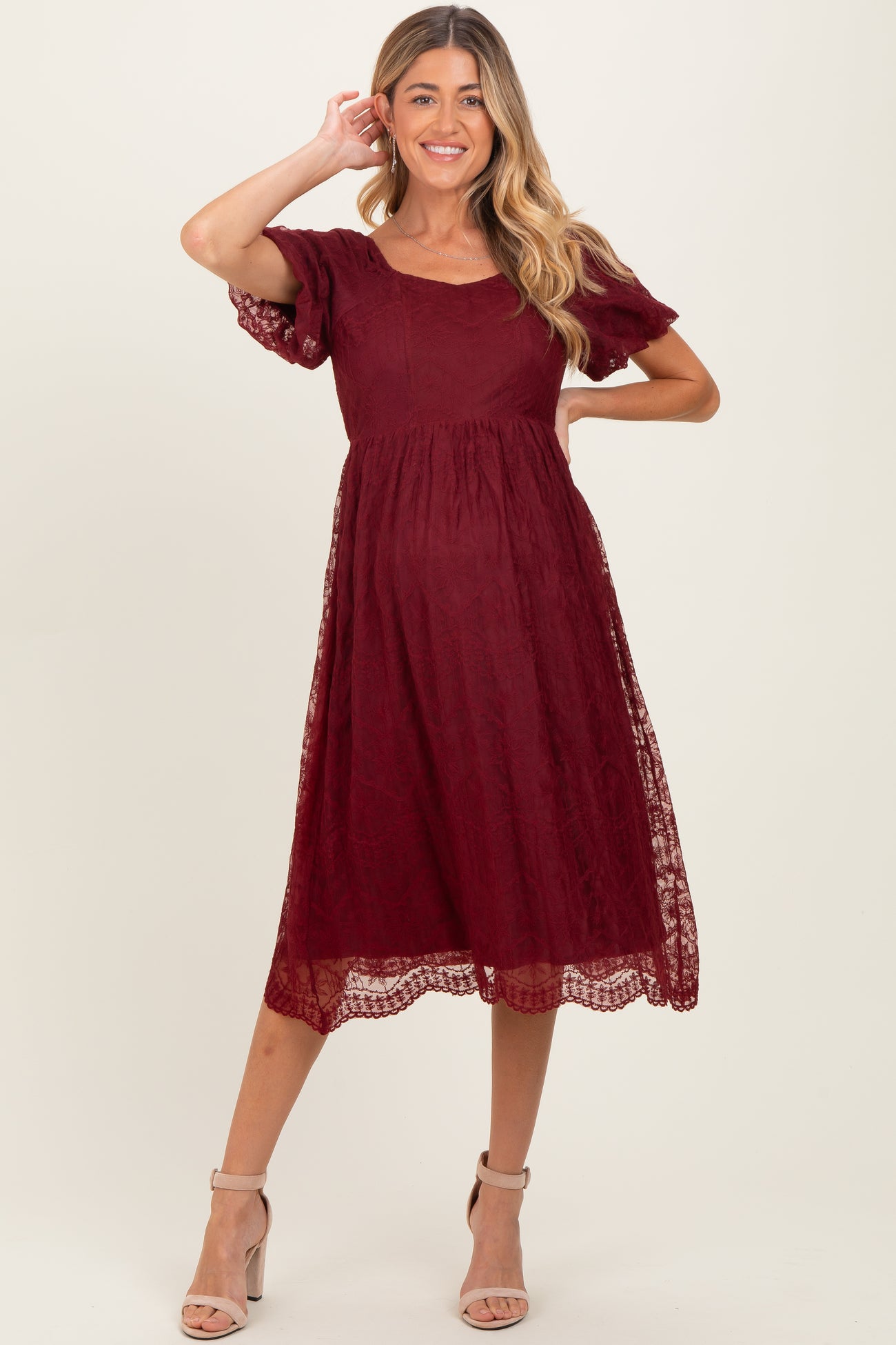 Burgundy Lace Sweetheart Neck Short Sleeve Maternity Midi Dress