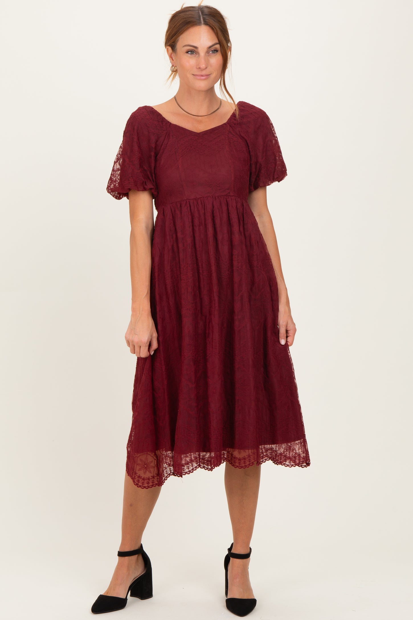 Burgundy Lace Sweetheart Neck Short Sleeve Maternity Midi Dress