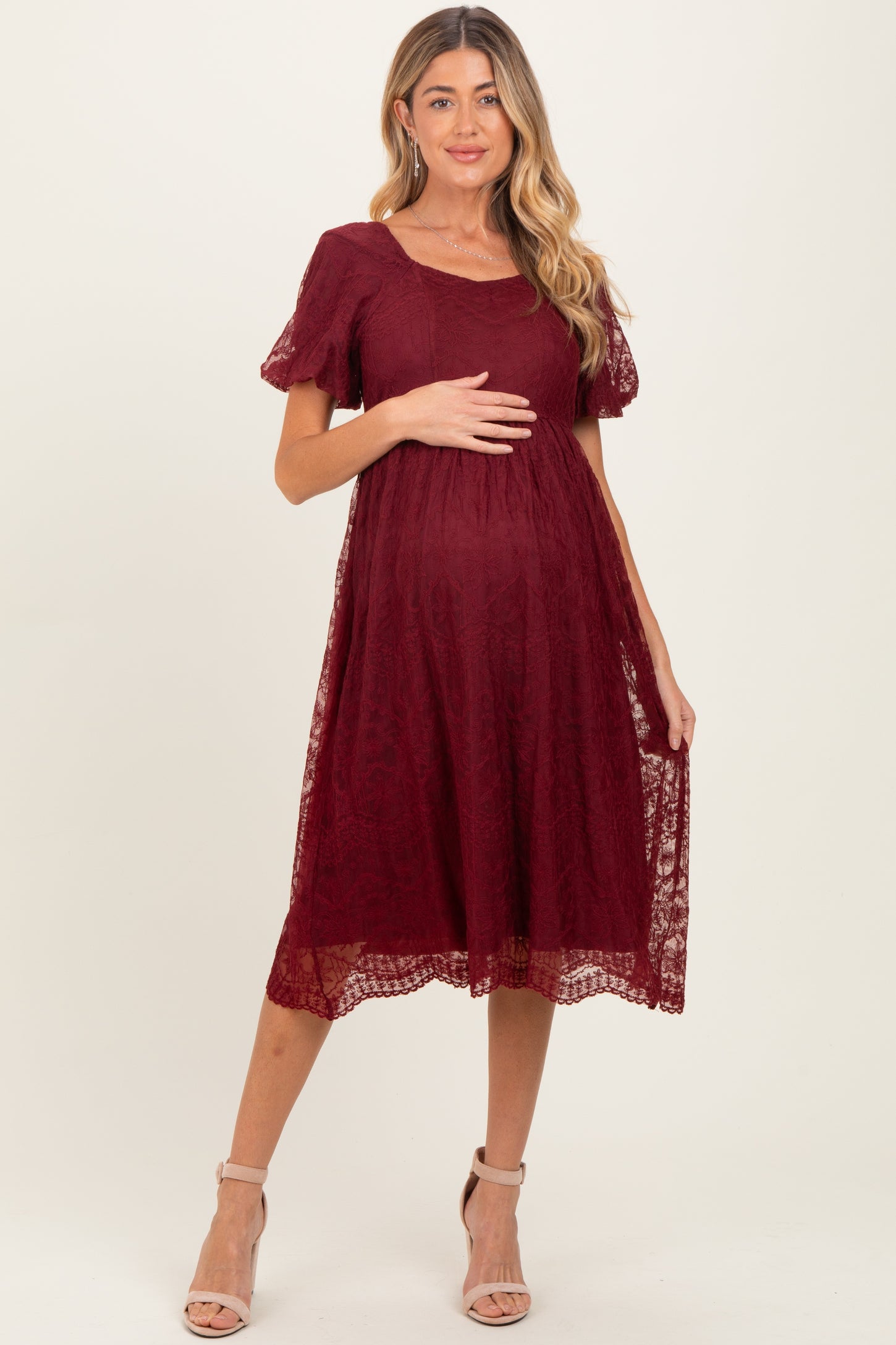 Burgundy Lace Sweetheart Neck Short Sleeve Maternity Midi Dress