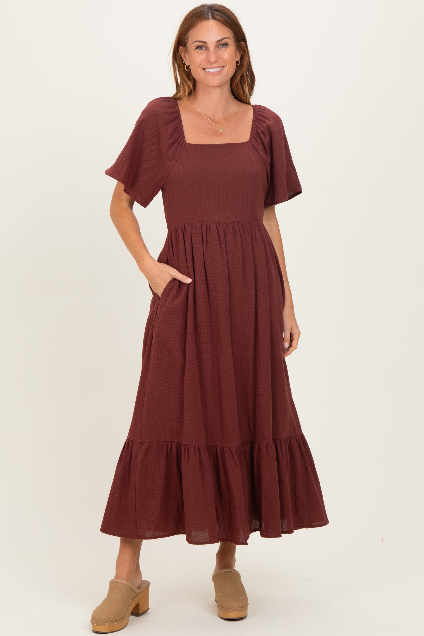 Burgundy Gingham Square Neck Ruffle Maternity Midi Dress