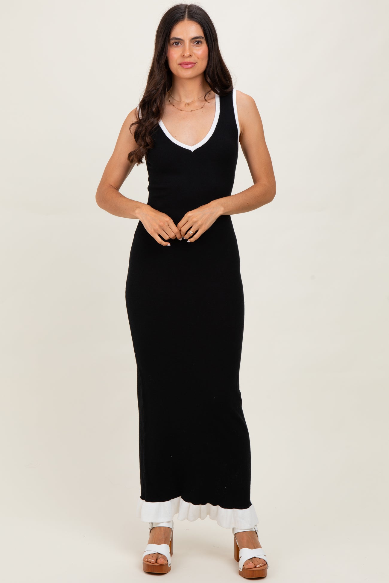 Black Knit V-Neck Contrast Ruffle Hem Maternity Maxi Dress