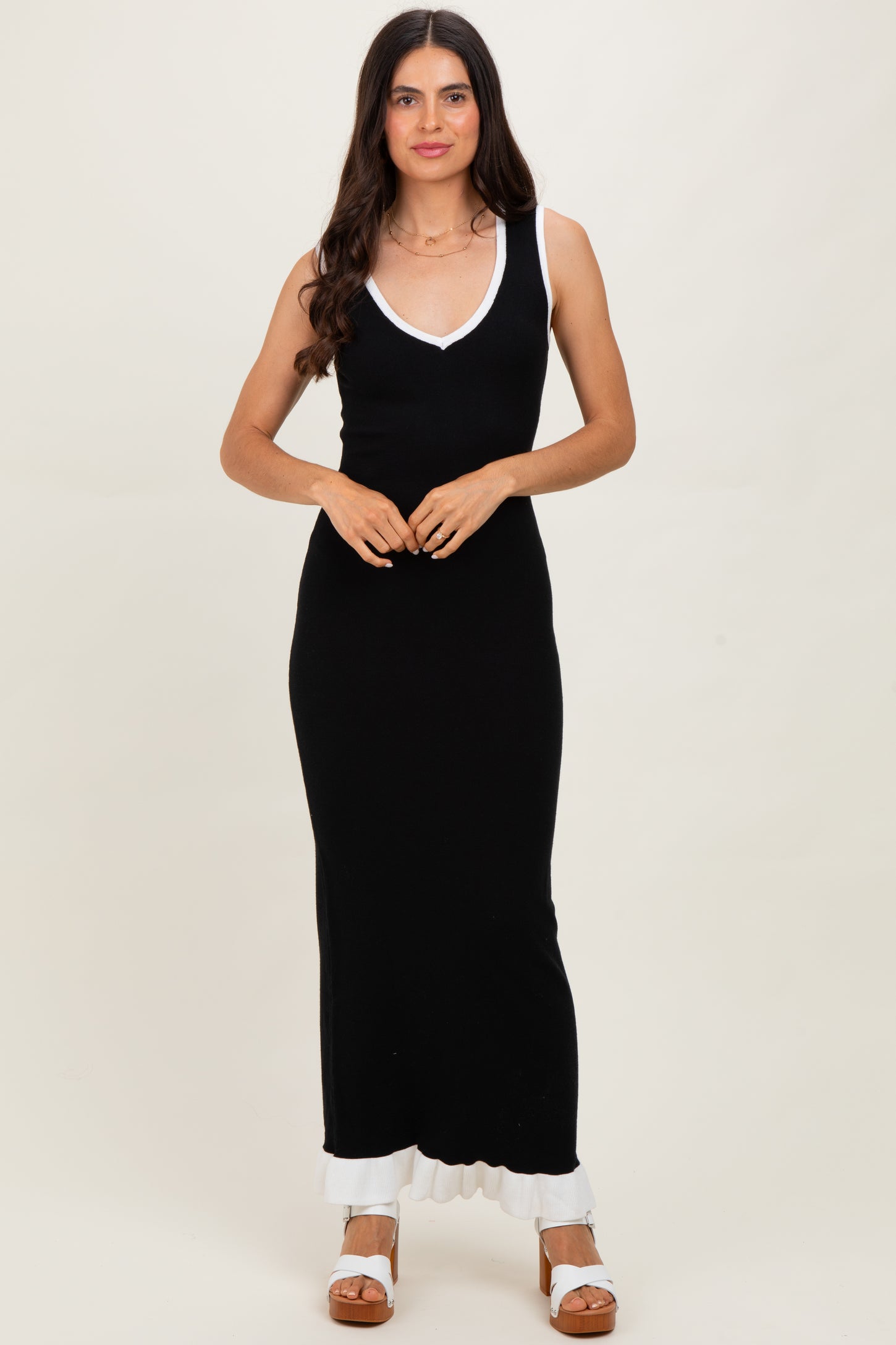 Black Knit V-Neck Contrast Ruffle Hem Maternity Maxi Dress