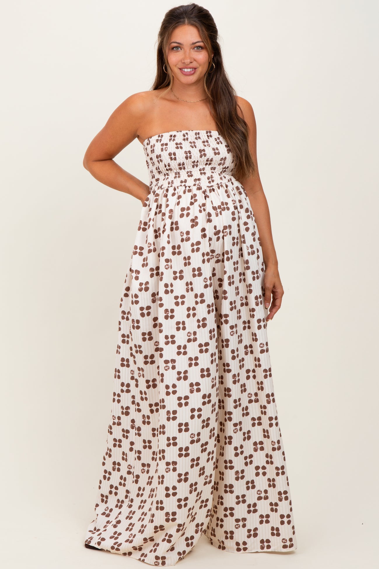Brown Printed Smocked Wide Leg Maternity Jumpsuit