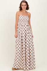 Brown Printed Smocked Wide Leg Jumpsuit