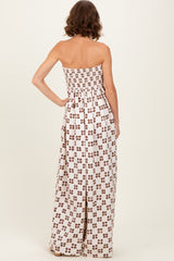Brown Printed Smocked Wide Leg Jumpsuit