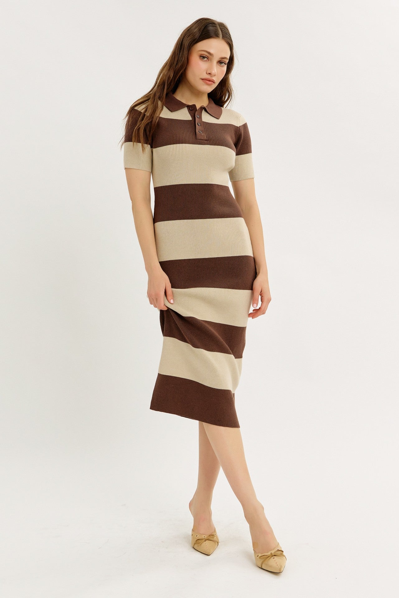 Brown Ribbed Striped Knit Polo Maternity Midi Dress