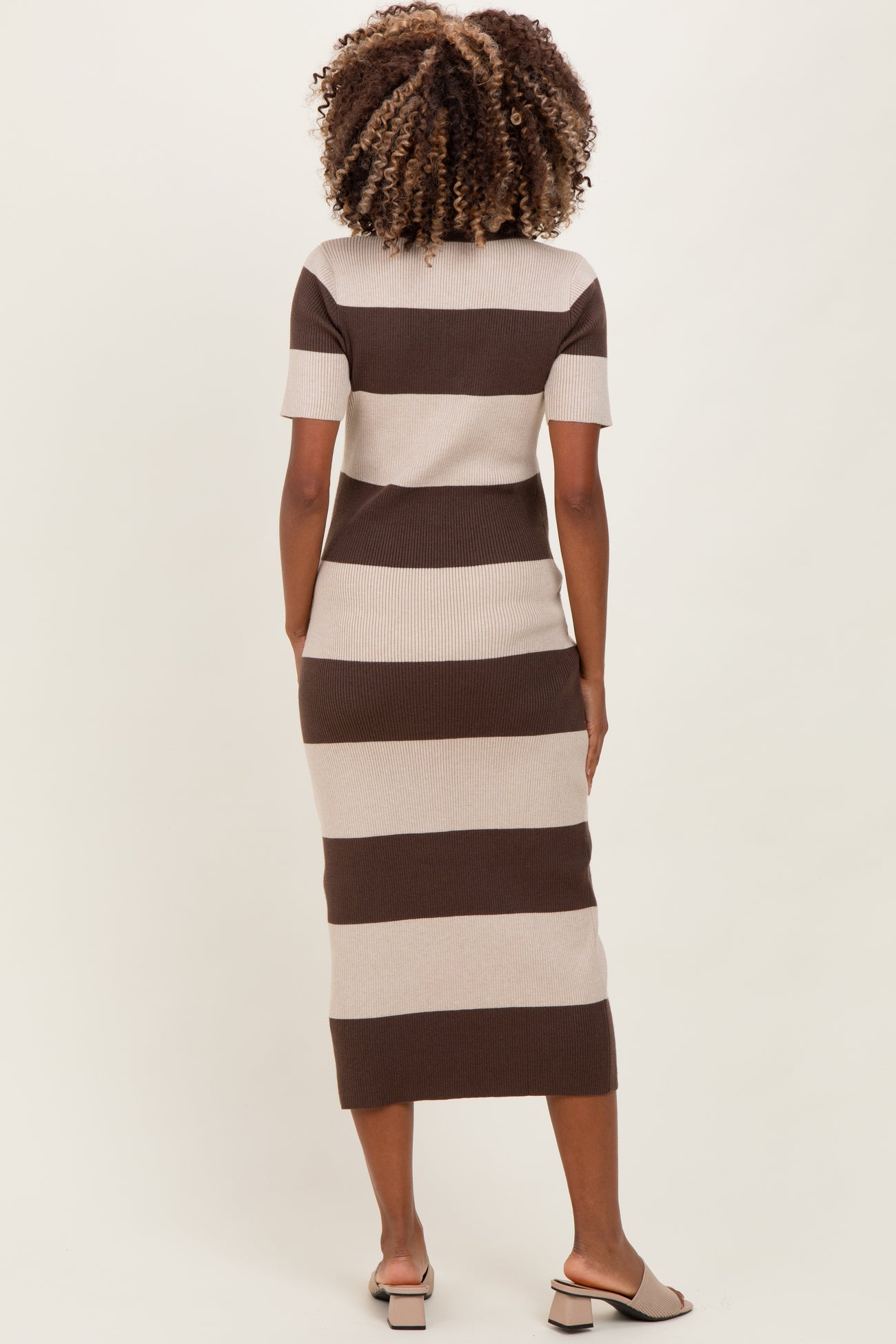 Brown Ribbed Striped Knit Polo Maternity Midi Dress