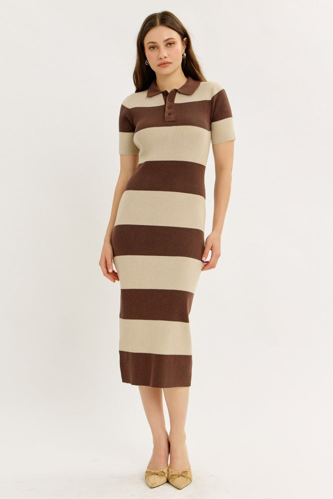 Brown Ribbed Striped Knit Polo Midi Dress