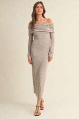 Mocha Heather Off Shoulder Long Sleeve Maternity Maxi Dress