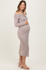 Mocha Heather Off Shoulder Long Sleeve Maternity Maxi Dress
