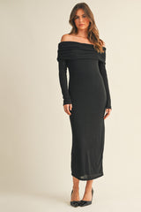woman wearing a black off-the-shoulder long sleeve midi dress with a fitted silhouette and side slits