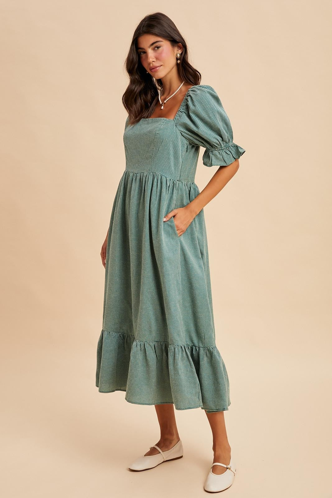 Teal Gingham Square Neck Midi Dress