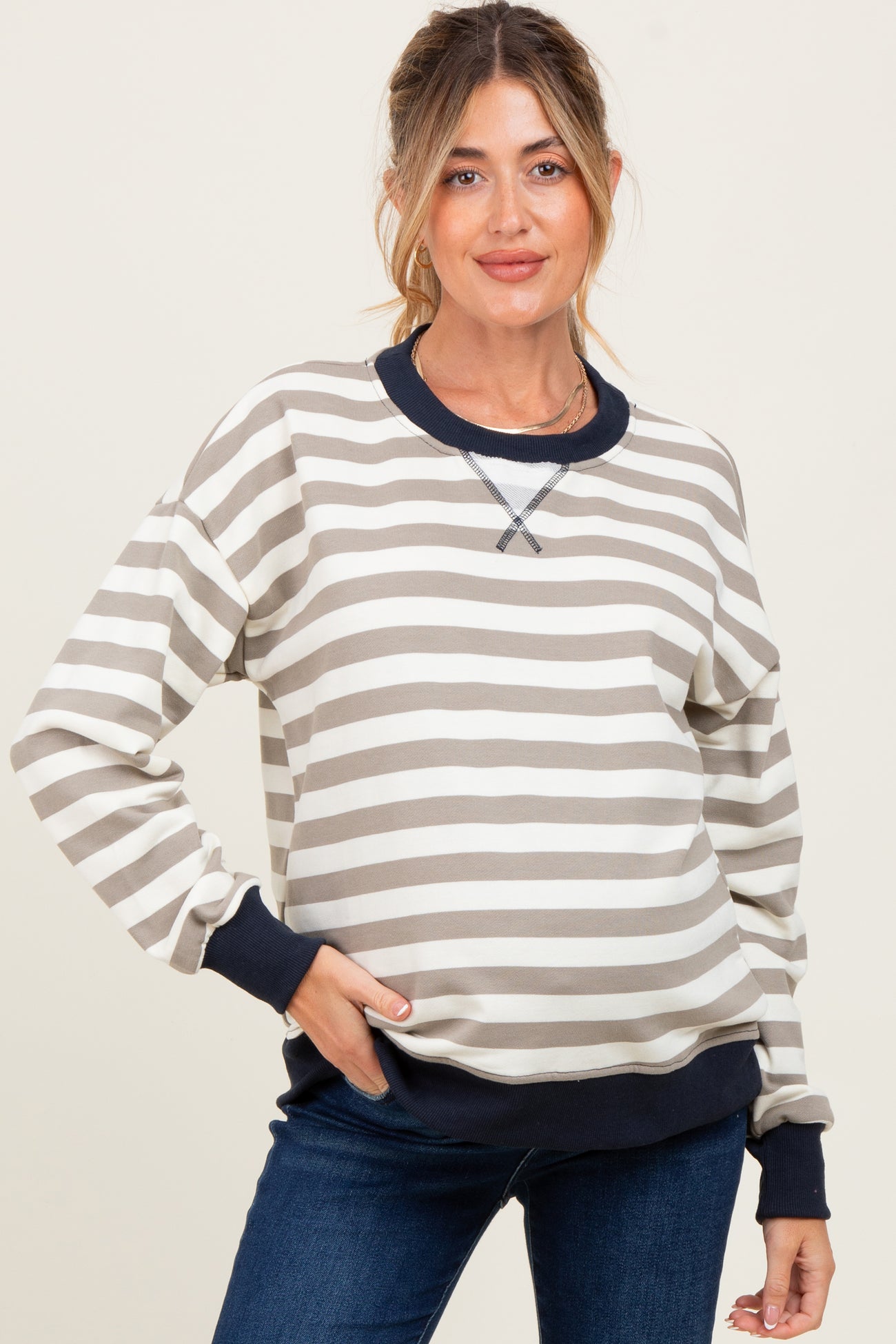Navy Contrast Stripe Oversized Maternity Sweatshirt