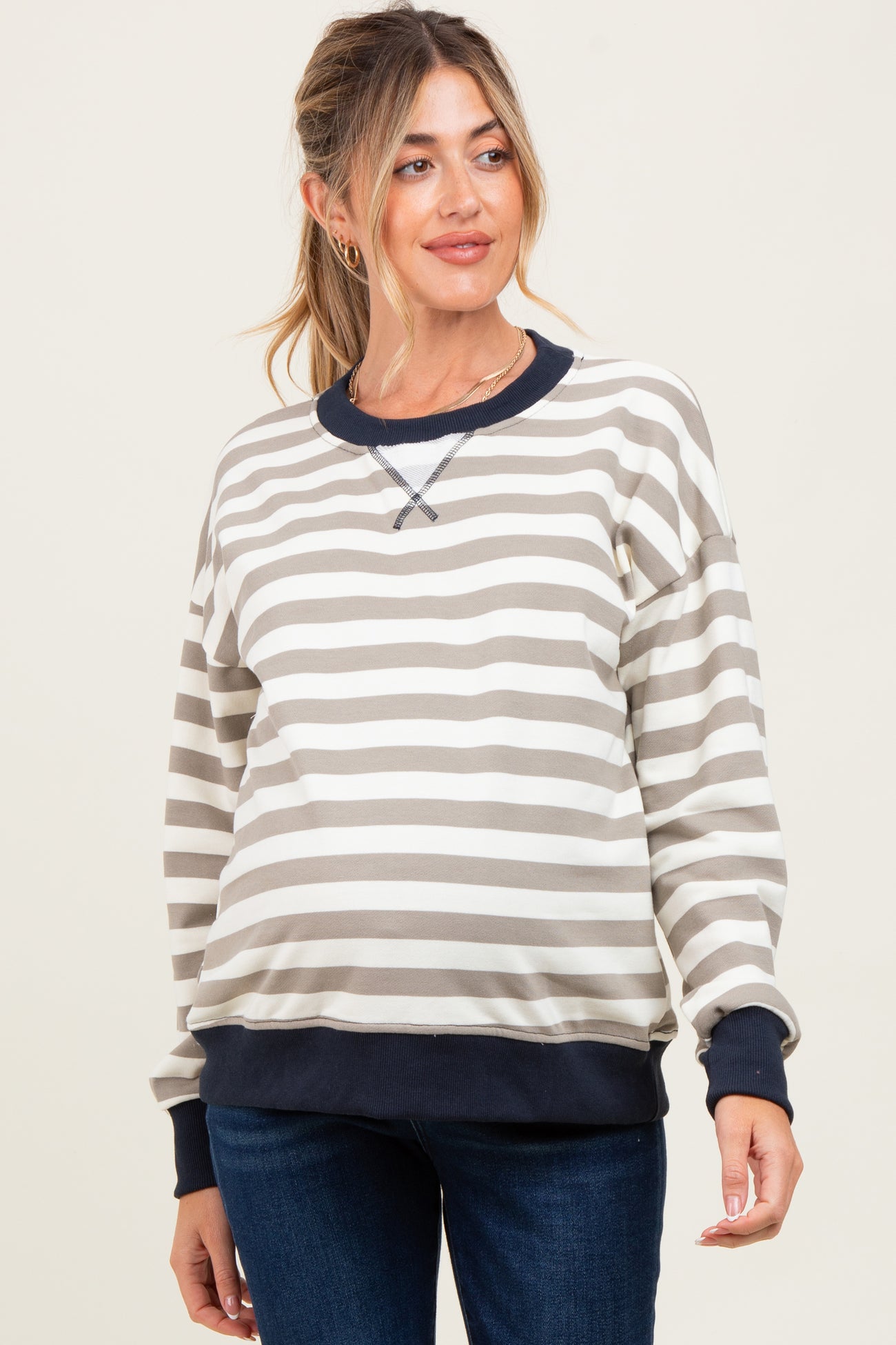 Navy Contrast Stripe Oversized Maternity Sweatshirt