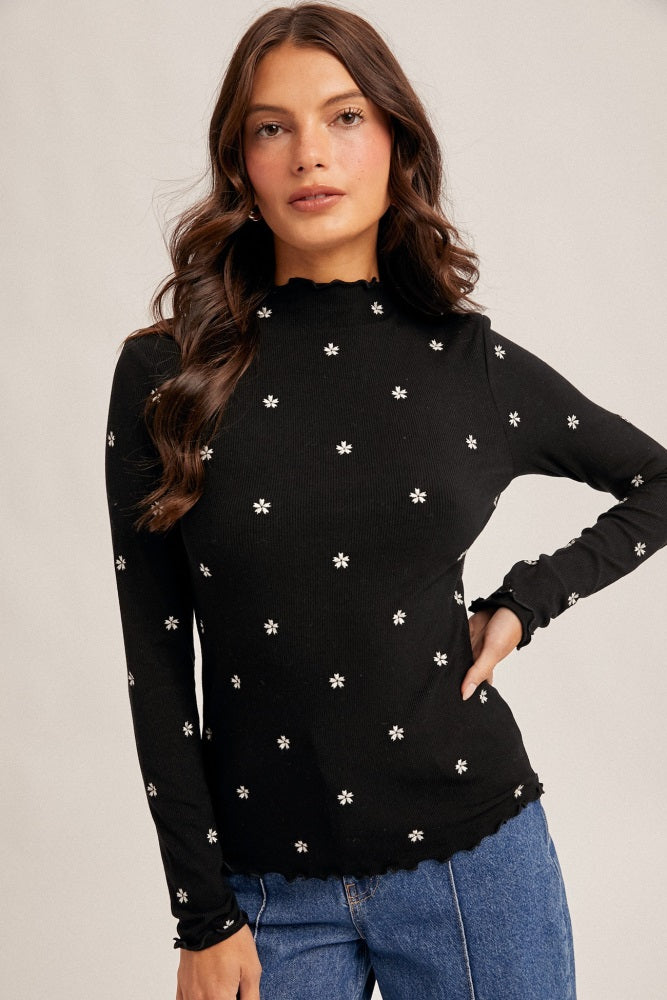 Black Knit Embroidered Floral Ruffle Hem Top