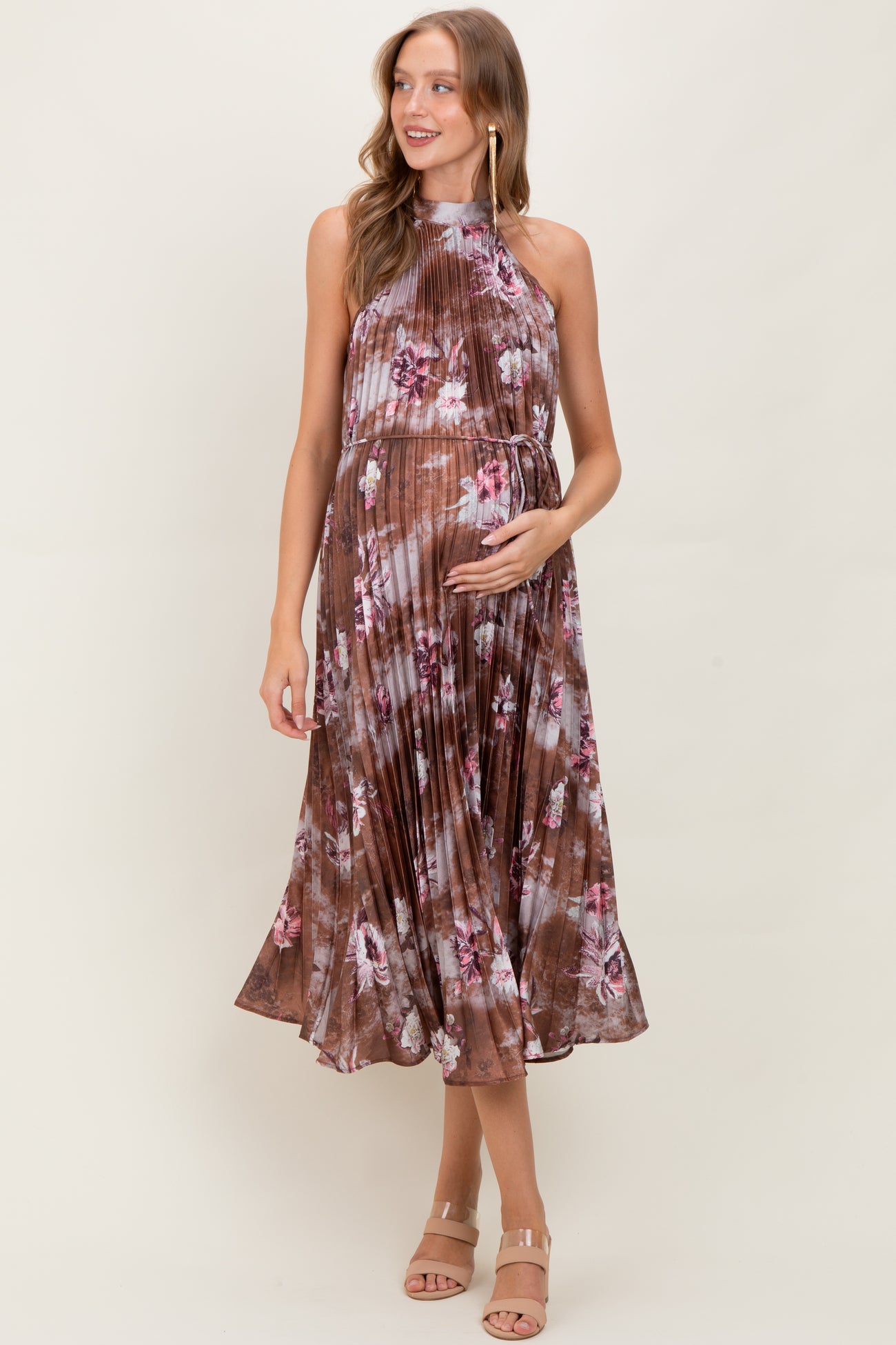 Brown Floral Pleated Halter Maternity Midi Dress