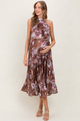 Brown Floral Pleated Halter Maternity Midi Dress