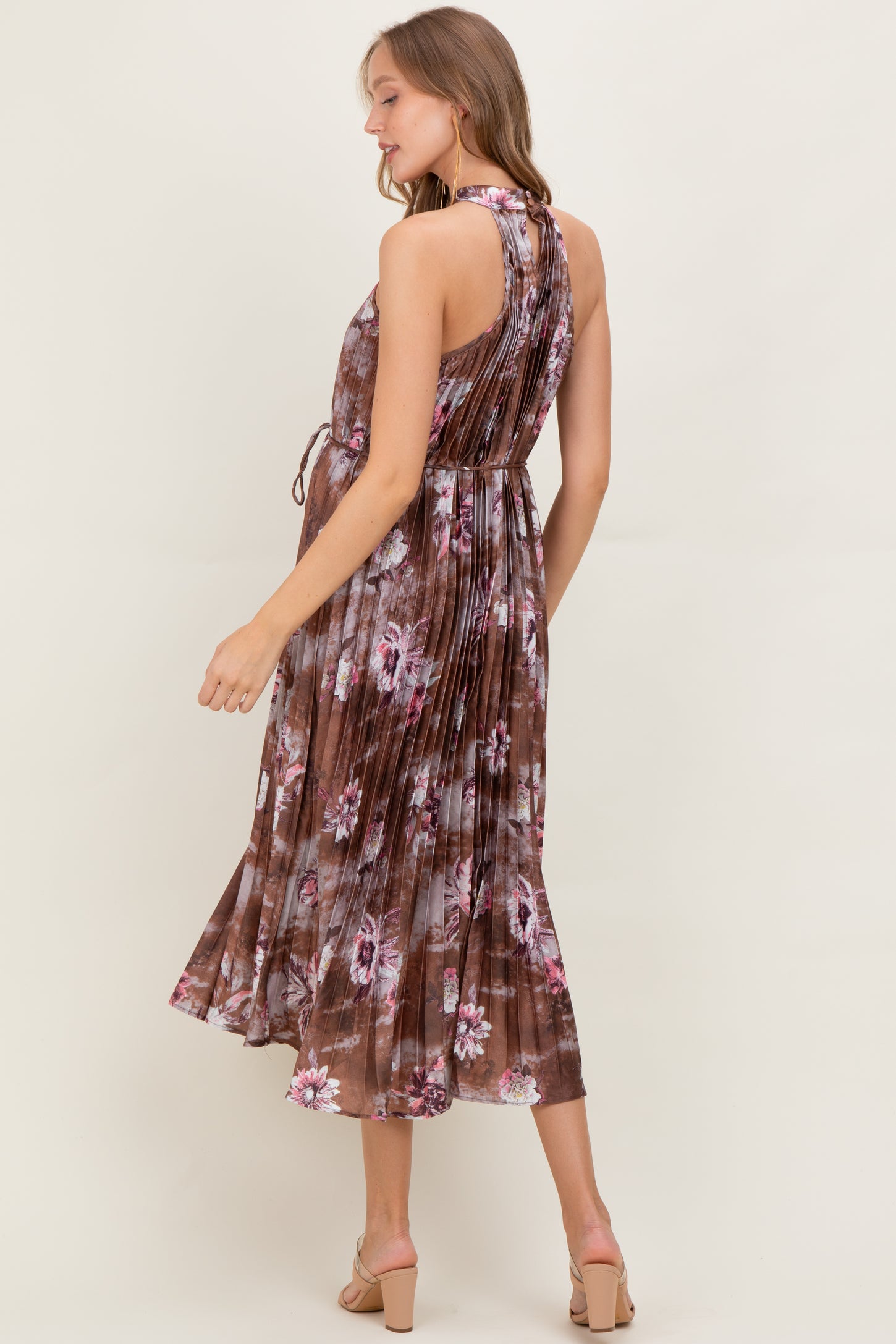 Brown Floral Pleated Halter Maternity Midi Dress