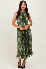 Olive Floral Pleated Halter Maternity Midi Dress