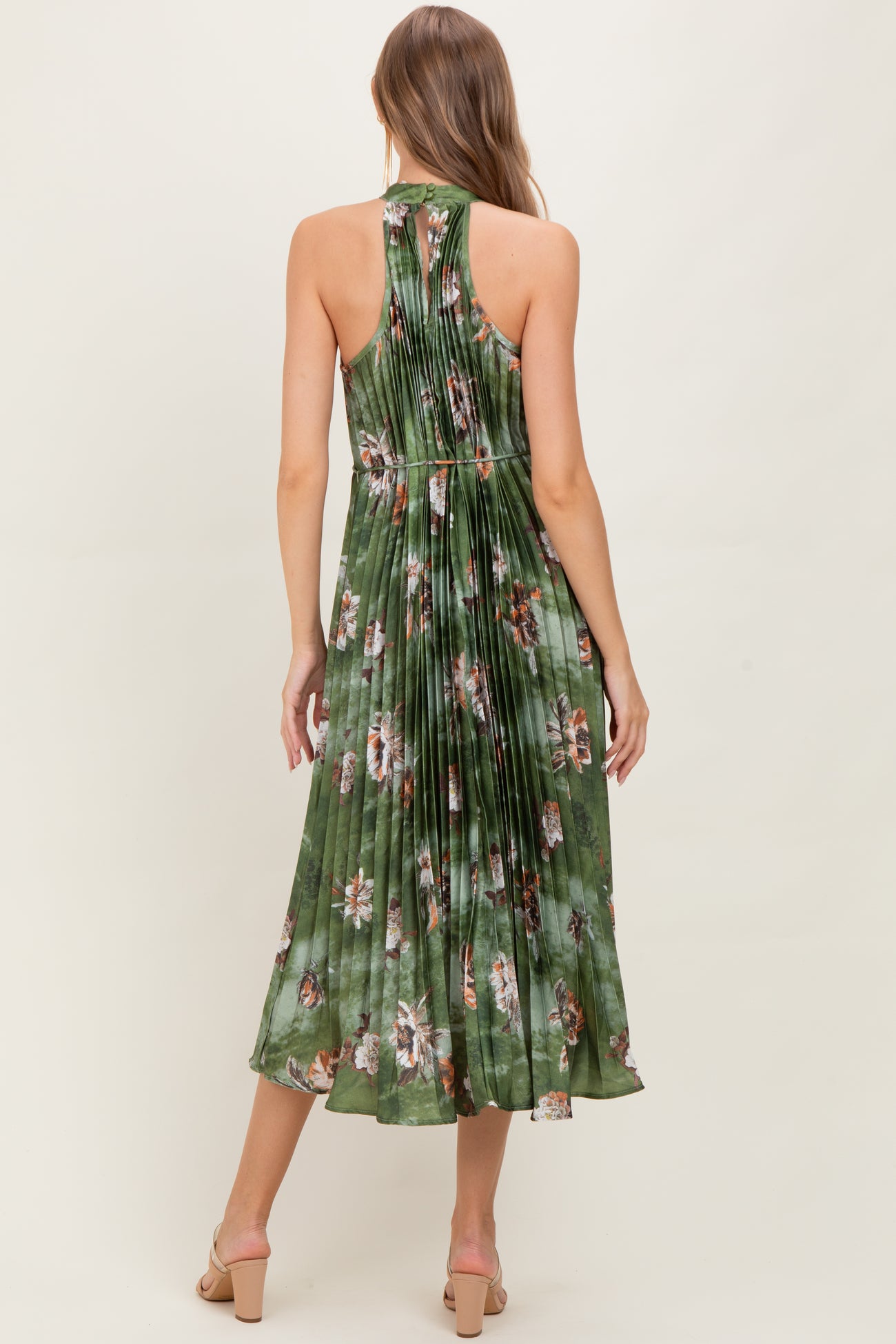 Olive Floral Pleated Halter Maternity Midi Dress