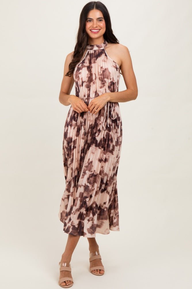 Brown Floral Pleated Halter Maternity Midi Dress
