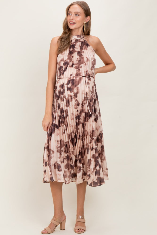Brown Floral Pleated Halter Maternity Midi Dress