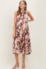 Brown Floral Pleated Halter Maternity Midi Dress