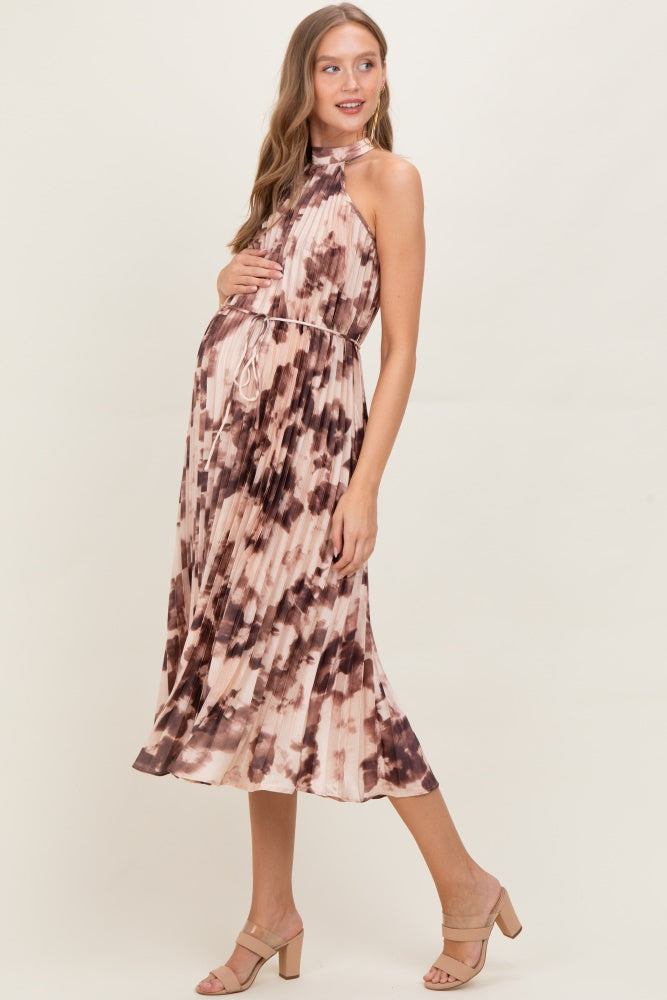 Brown Floral Pleated Halter Maternity Midi Dress
