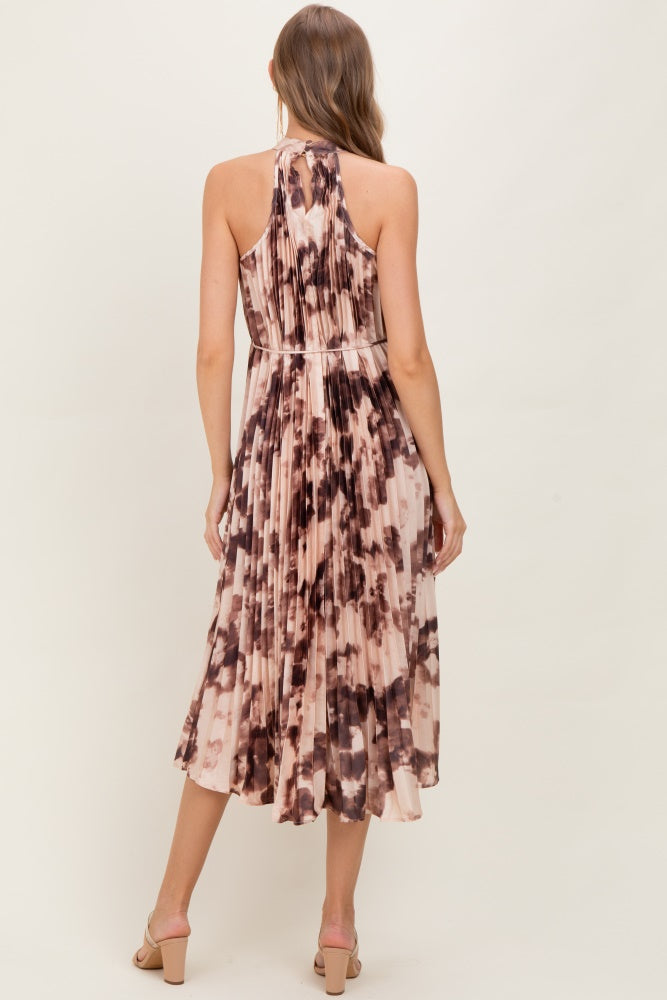 Brown Floral Pleated Halter Maternity Midi Dress