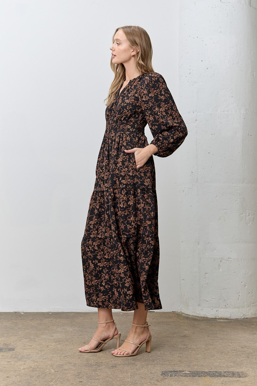 Black Floral Smocked Waist Long Sleeve Midi Dress