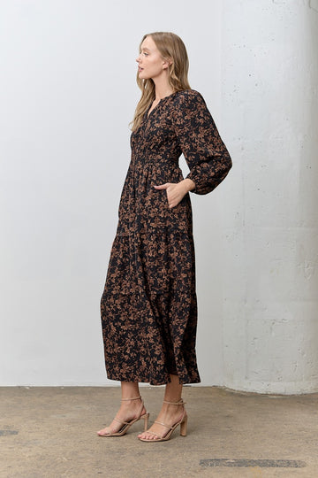 Black Floral Smocked Waist Long Sleeve Midi Dress