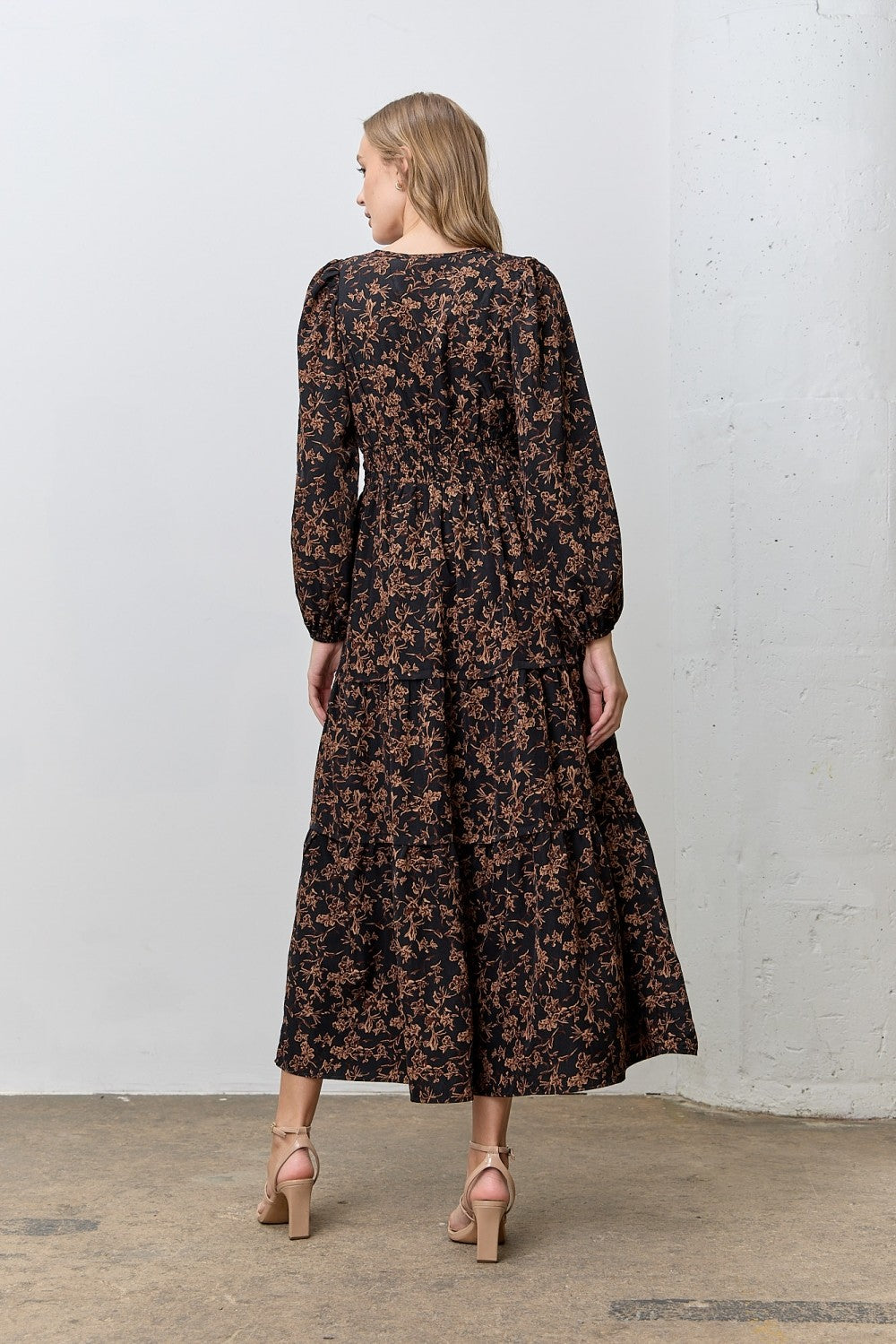 Black Floral Smocked Waist Long Sleeve Midi Dress