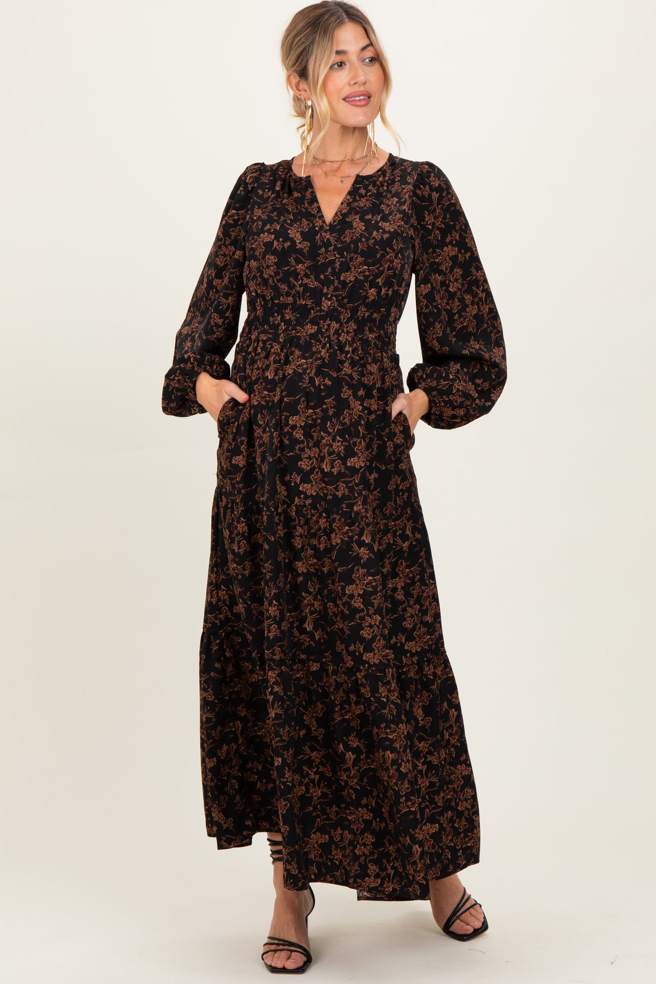 Black Floral Smocked Waist Long Sleeve Maternity Midi Dress