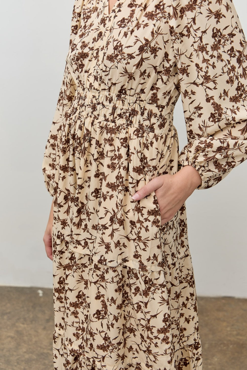 Cream Floral Smocked Waist Long Sleeve Midi Dress