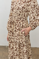 Cream Floral Smocked Waist Long Sleeve Midi Dress