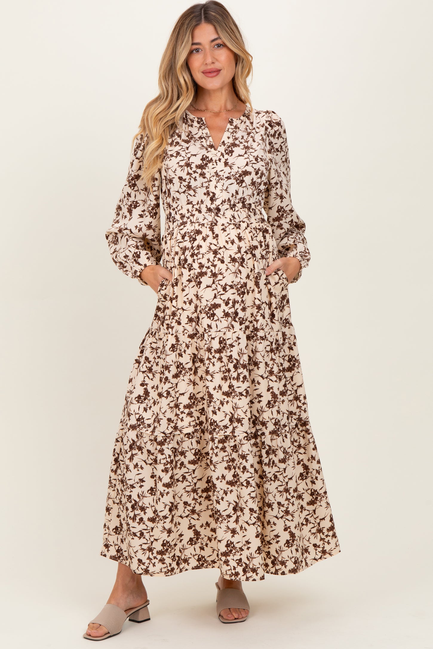 Cream Floral Smocked Waist Long Sleeve Maternity Midi Dress