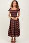 Burgundy Plaid Smocked Puff Sleeve Midi Dress