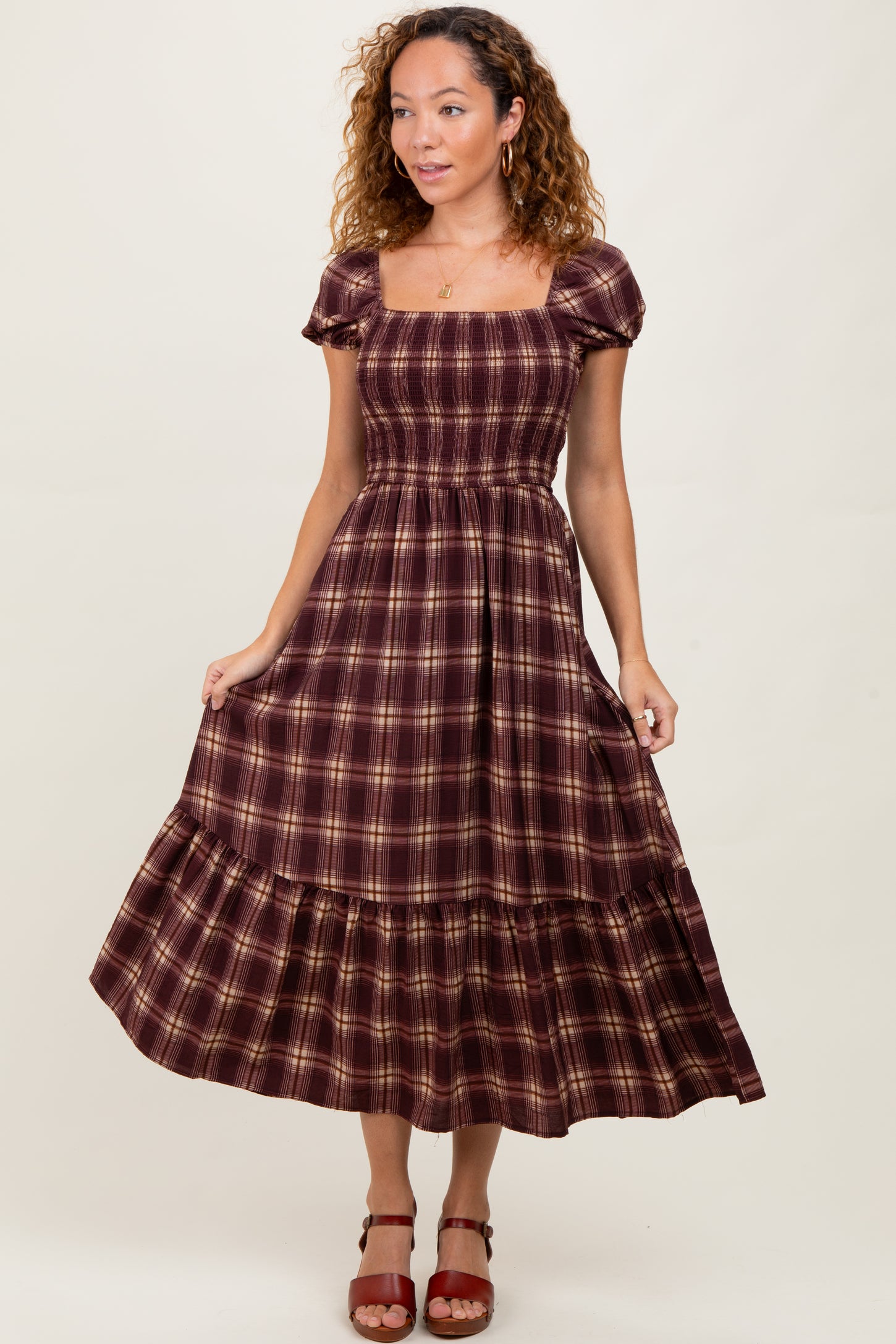 Burgundy Plaid Smocked Puff Sleeve Midi Dress