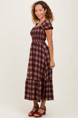 Burgundy Plaid Smocked Puff Sleeve Midi Dress