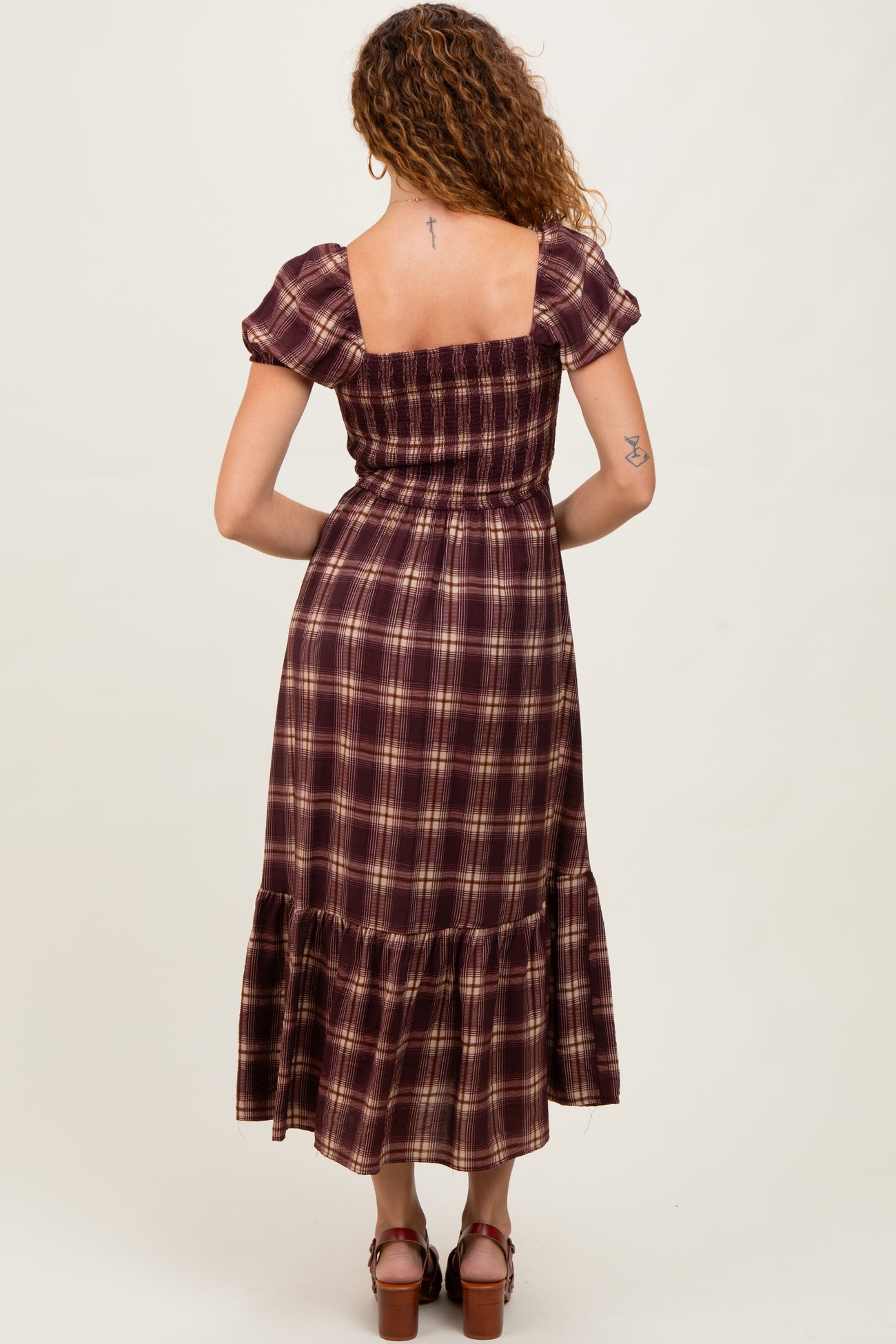 Burgundy Plaid Smocked Puff Sleeve Midi Dress