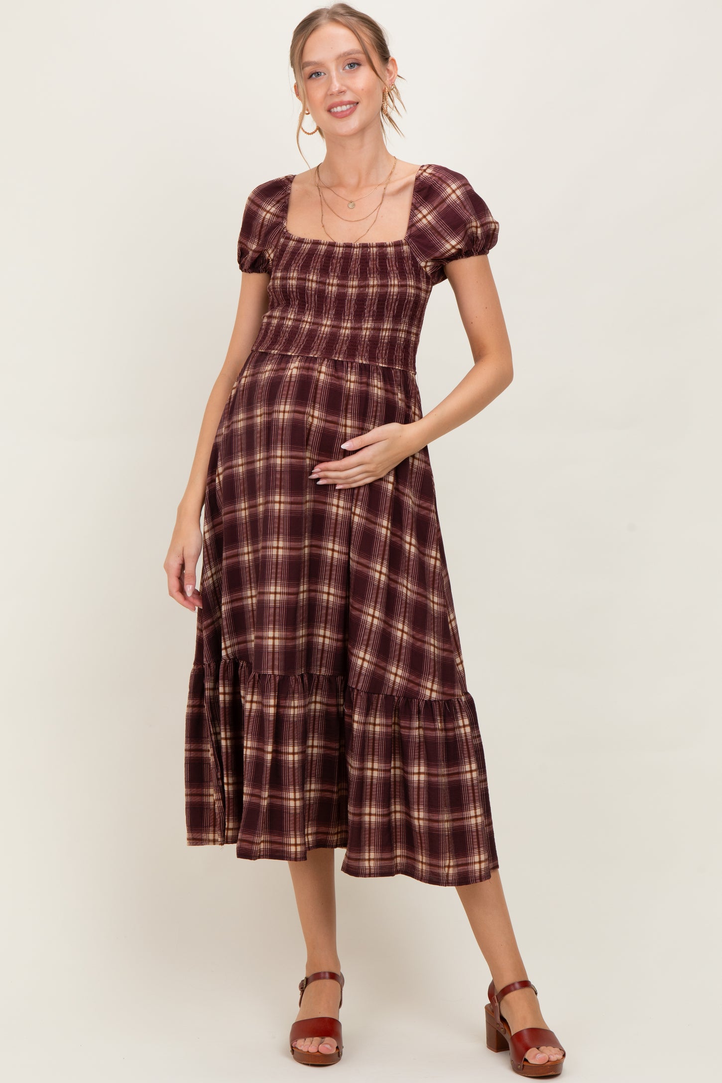 Burgundy Plaid Smocked Puff Sleeve Maternity Midi Dress