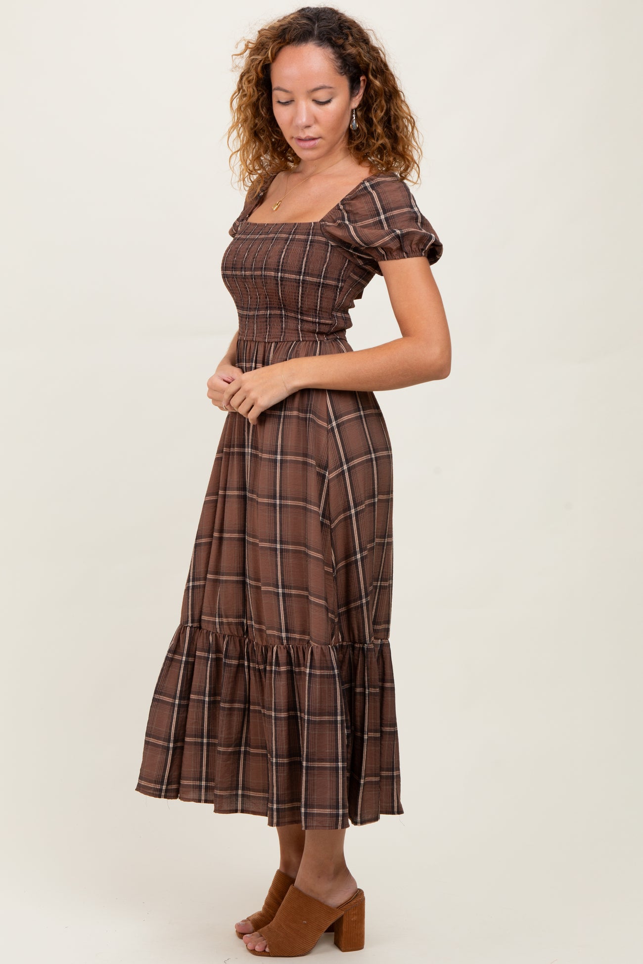 Brown Plaid Smocked Puff Sleeve Midi Dress