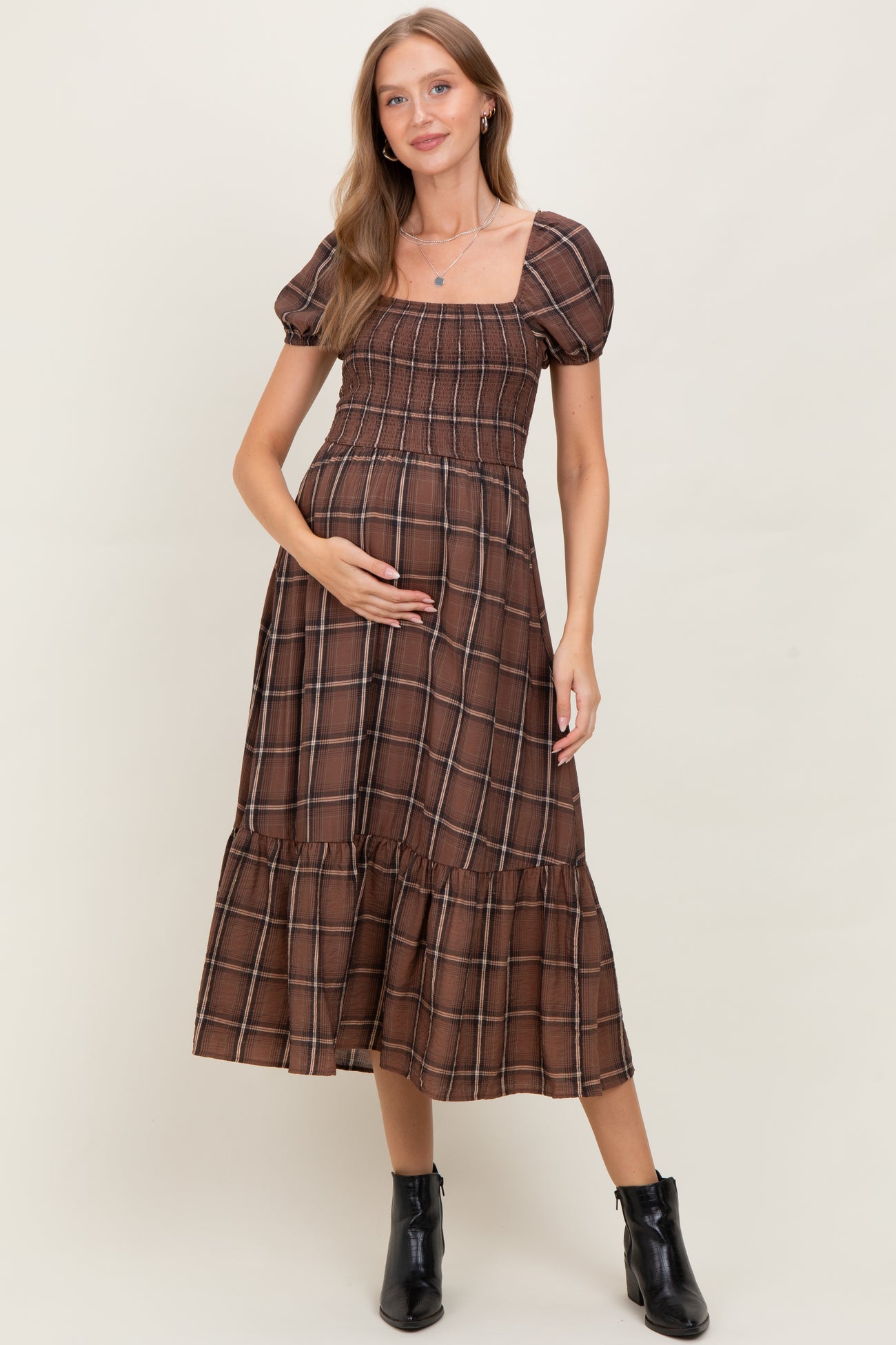 Brown Plaid Smocked Puff Sleeve Maternity Midi Dress