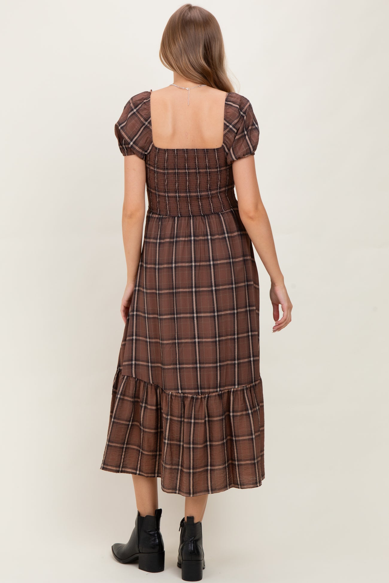 Brown Plaid Smocked Puff Sleeve Maternity Midi Dress