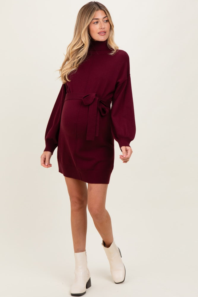Burgundy Turtleneck Belted Mini Sweater Maternity Dress